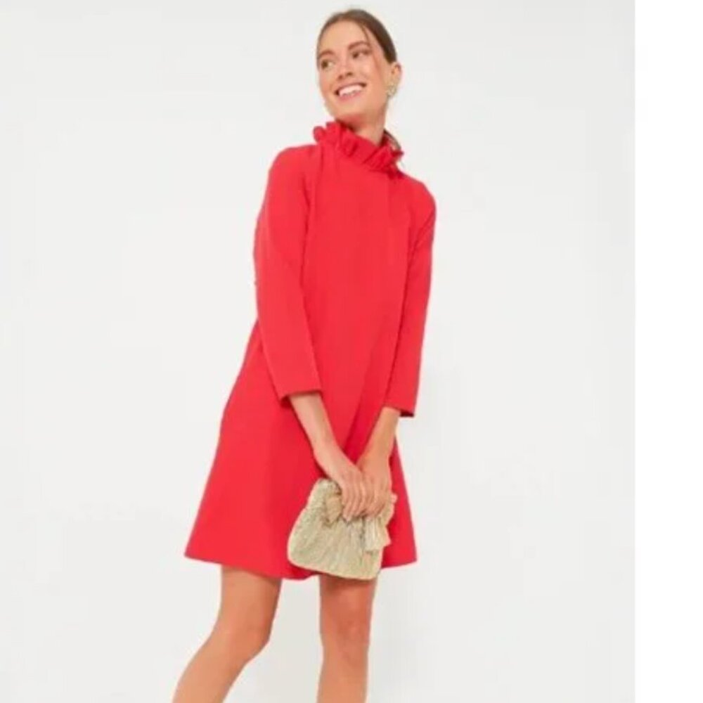 Tuckernuck Dress Daphne Bow Back Ruffle Mini Dress Poppy Red Long Sleeve Size M